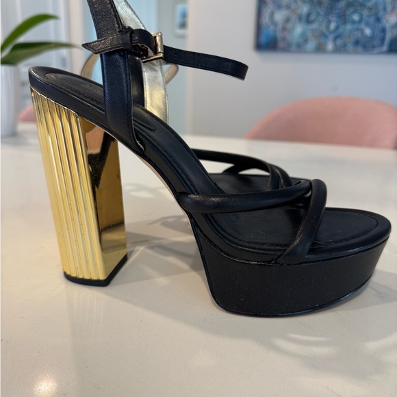MICHAEL Michael Kors Porter Strappy Platform - Black and Gold Heels - Picture 1 of 8
